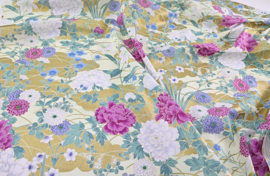 Japanese fabric – peonies and golden clouds pink