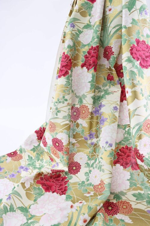Japanese fabric – peonies and golden clouds red