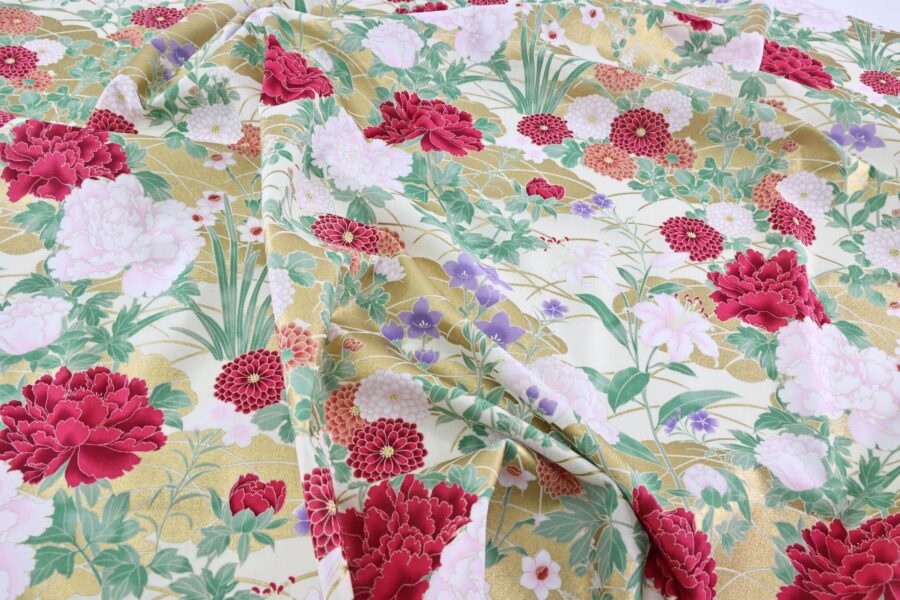 Japanese fabric – peonies and golden clouds red