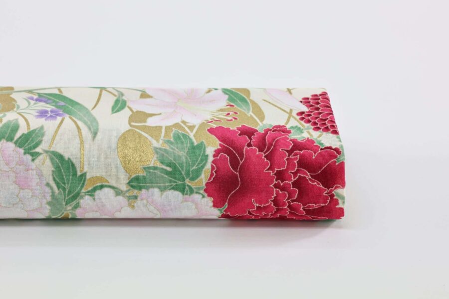 Japanese fabric – peonies and golden clouds red