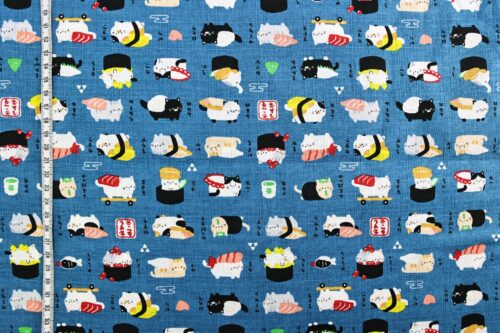 Japanese kawaii Sushi Neko fabric navy background