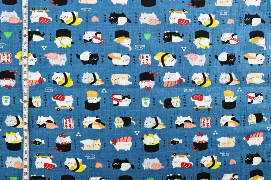 Japanese kawaii Sushi Neko fabric navy background