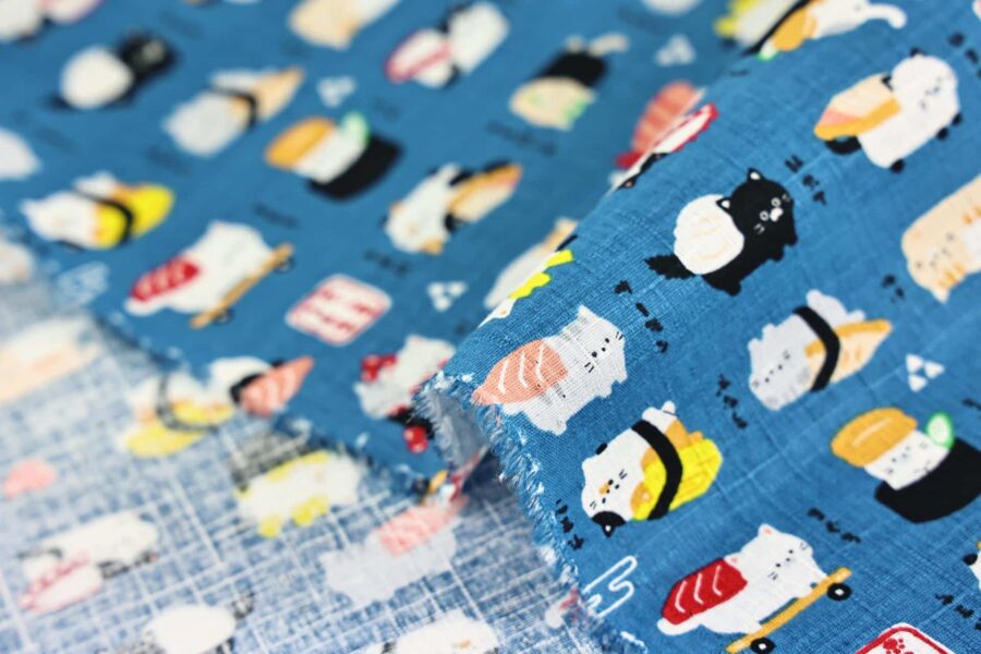 Japanese kawaii Sushi Neko fabric navy background