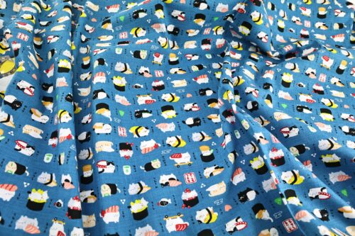 Japanese kawaii Sushi Neko fabric navy background