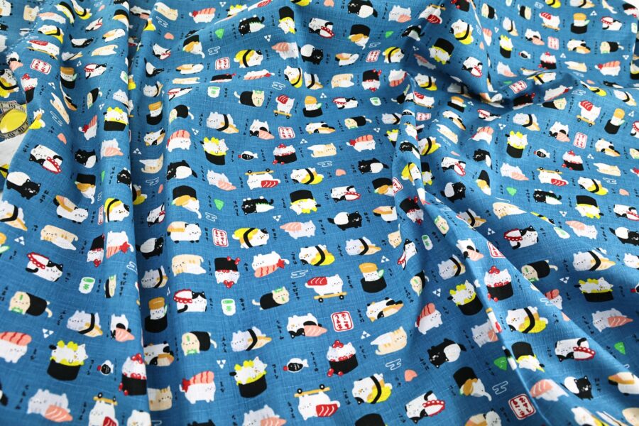 Japanese kawaii Sushi Neko fabric navy background