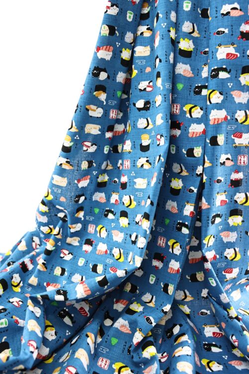 Japanese kawaii Sushi Neko fabric navy background