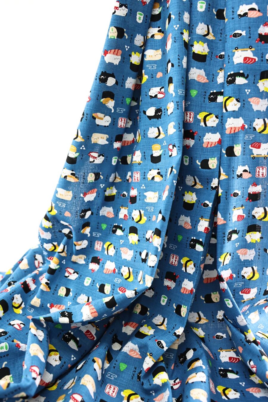 Japanese kawaii Sushi Neko fabric navy background