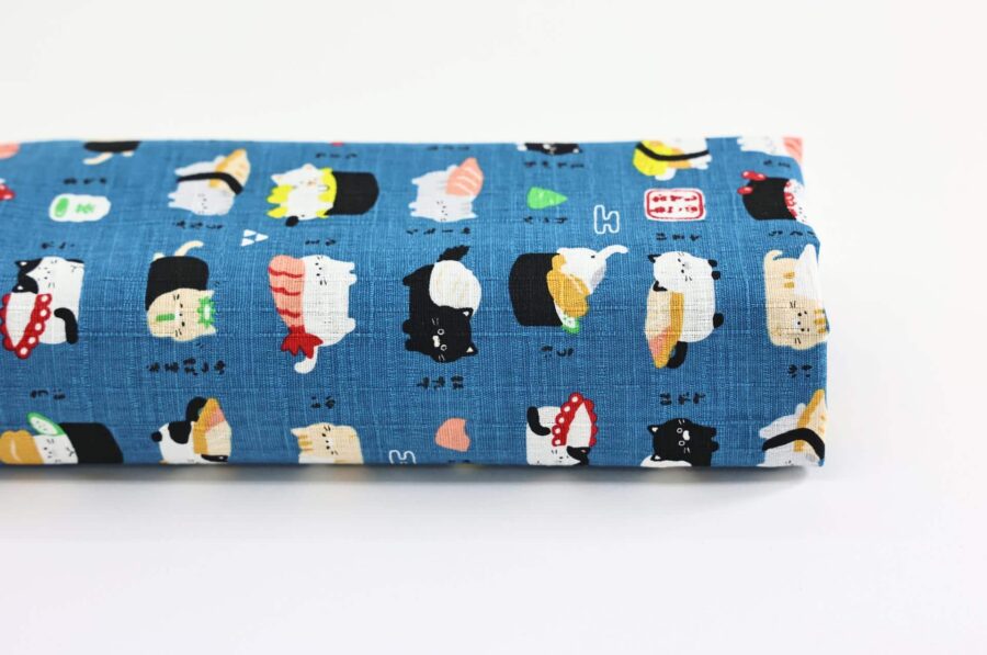 Japanese kawaii Sushi Neko fabric navy background
