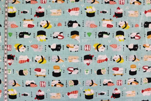 Japanese kawaii Sushi Neko fabric turquoise background