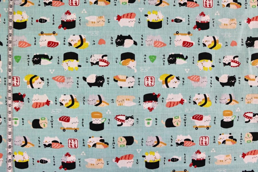 Japanese kawaii Sushi Neko fabric turquoise background