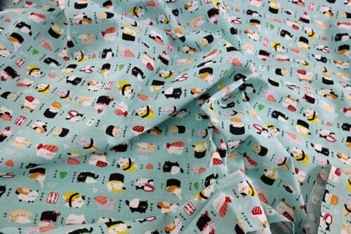 Japanese kawaii Sushi Neko fabric turquoise background