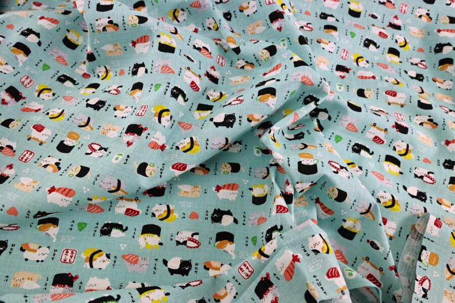 Japanese kawaii Sushi Neko fabric turquoise background
