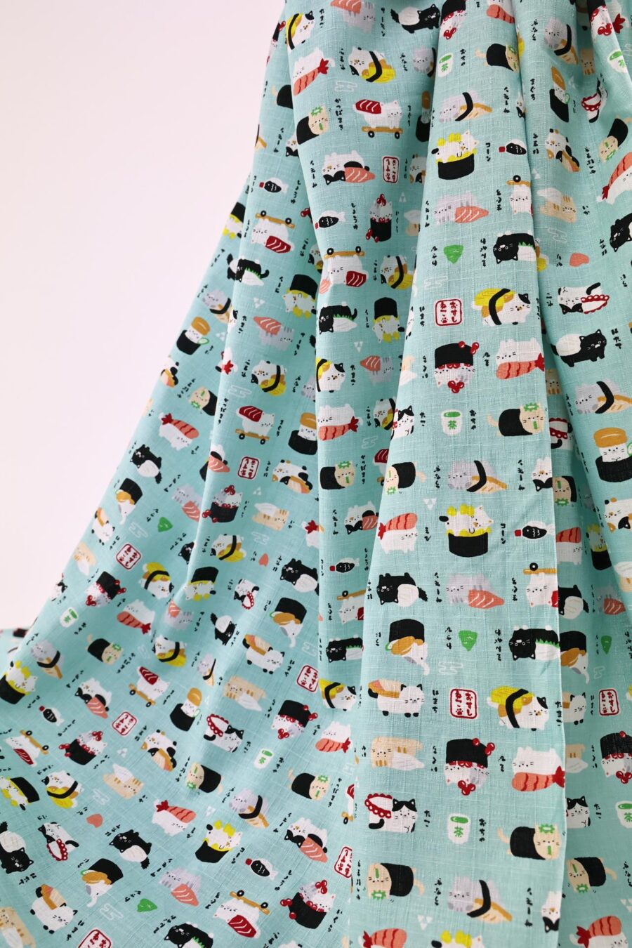 Japanese kawaii Sushi Neko fabric turquoise background