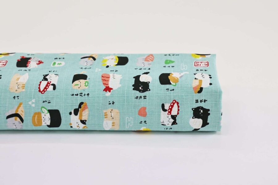 Japanese kawaii Sushi Neko fabric turquoise background