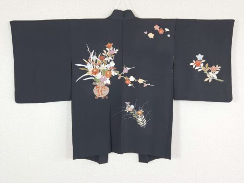 Black Haori with yuzen flowers and embroidery