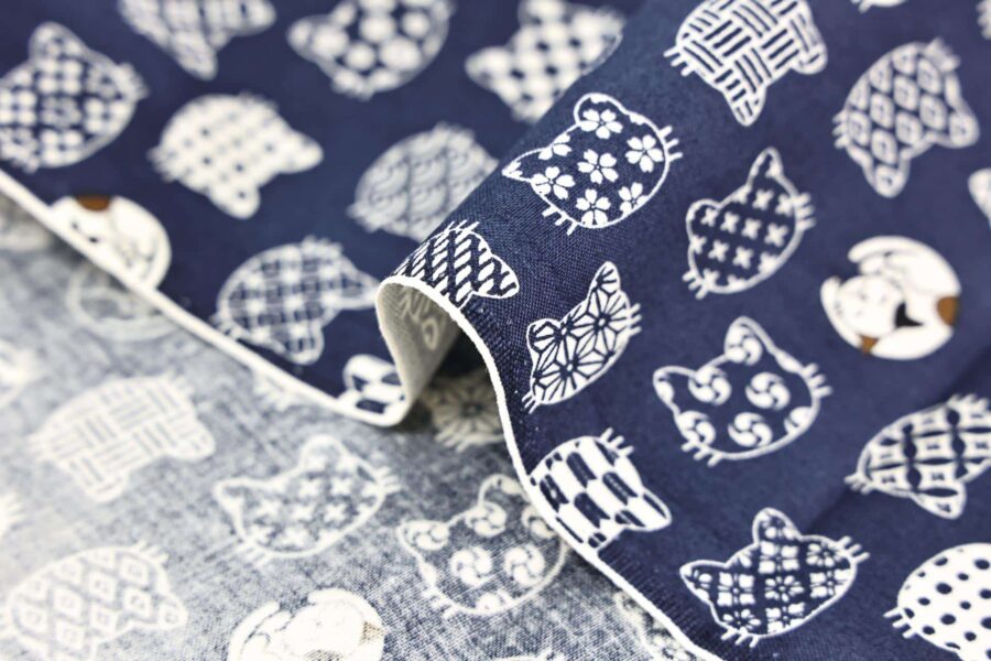 Japanese fabric cat faces graphic patterns blue background