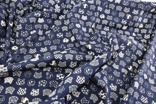Japanese fabric cat faces graphic patterns blue background