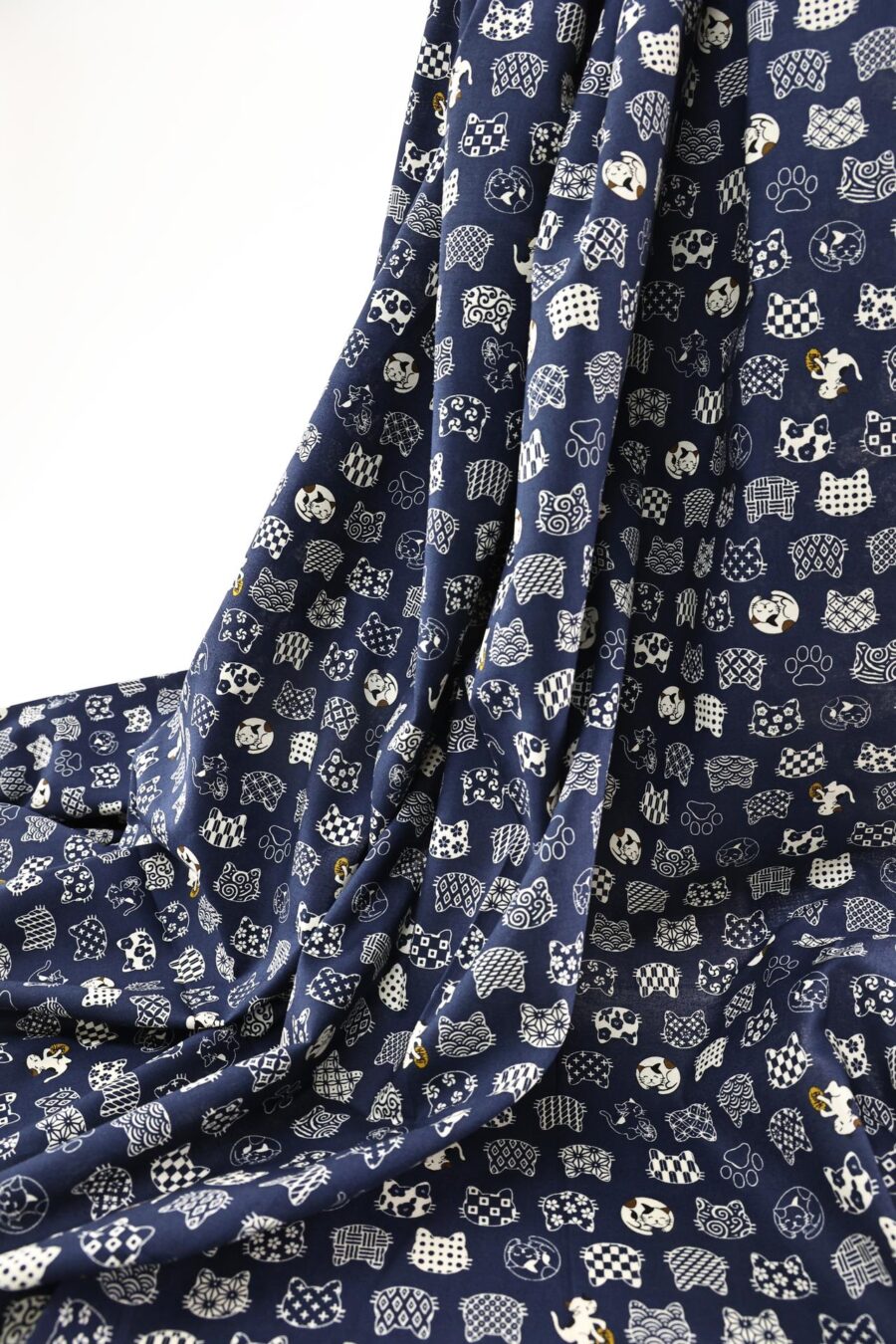 Japanese fabric cat faces graphic patterns blue background
