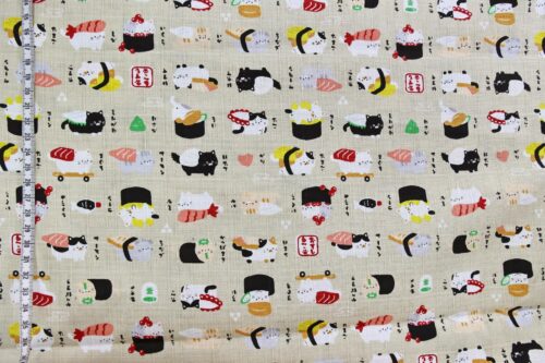 Japanese kawaii Sushi Neko fabric cream background