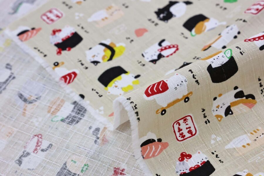 Japanese kawaii Sushi Neko fabric cream background