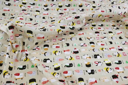 Japanese kawaii Sushi Neko fabric cream background