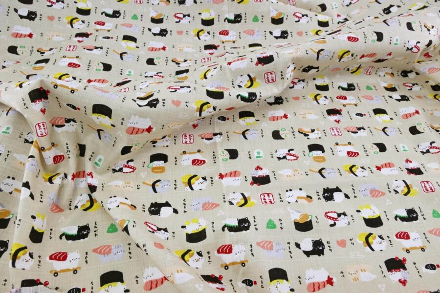 Japanese kawaii Sushi Neko fabric cream background