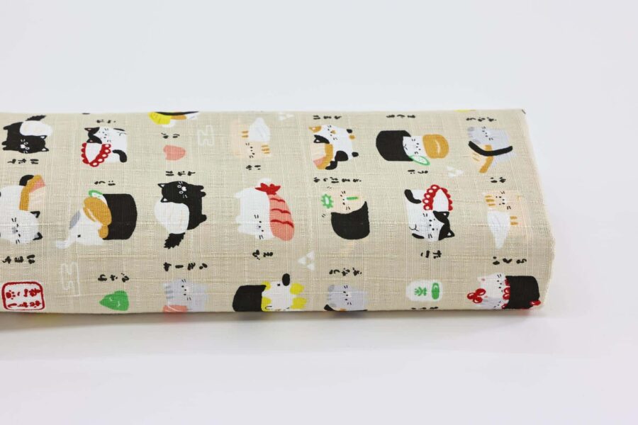 Japanese kawaii Sushi Neko fabric cream background