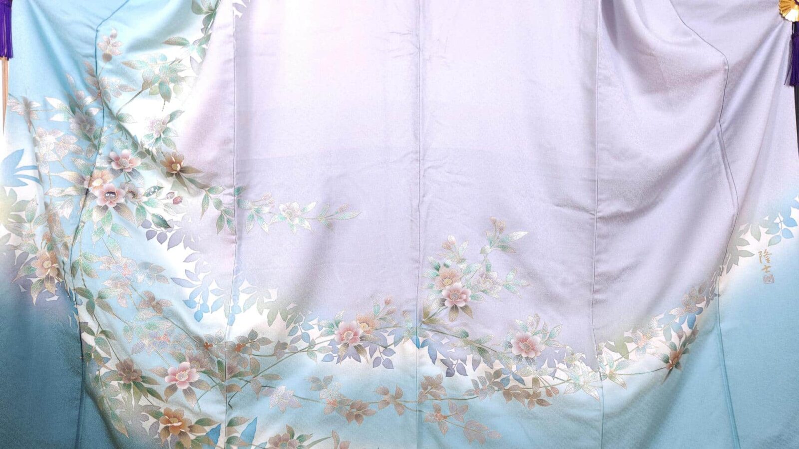 Light blue houmongi with pearlescent flowers