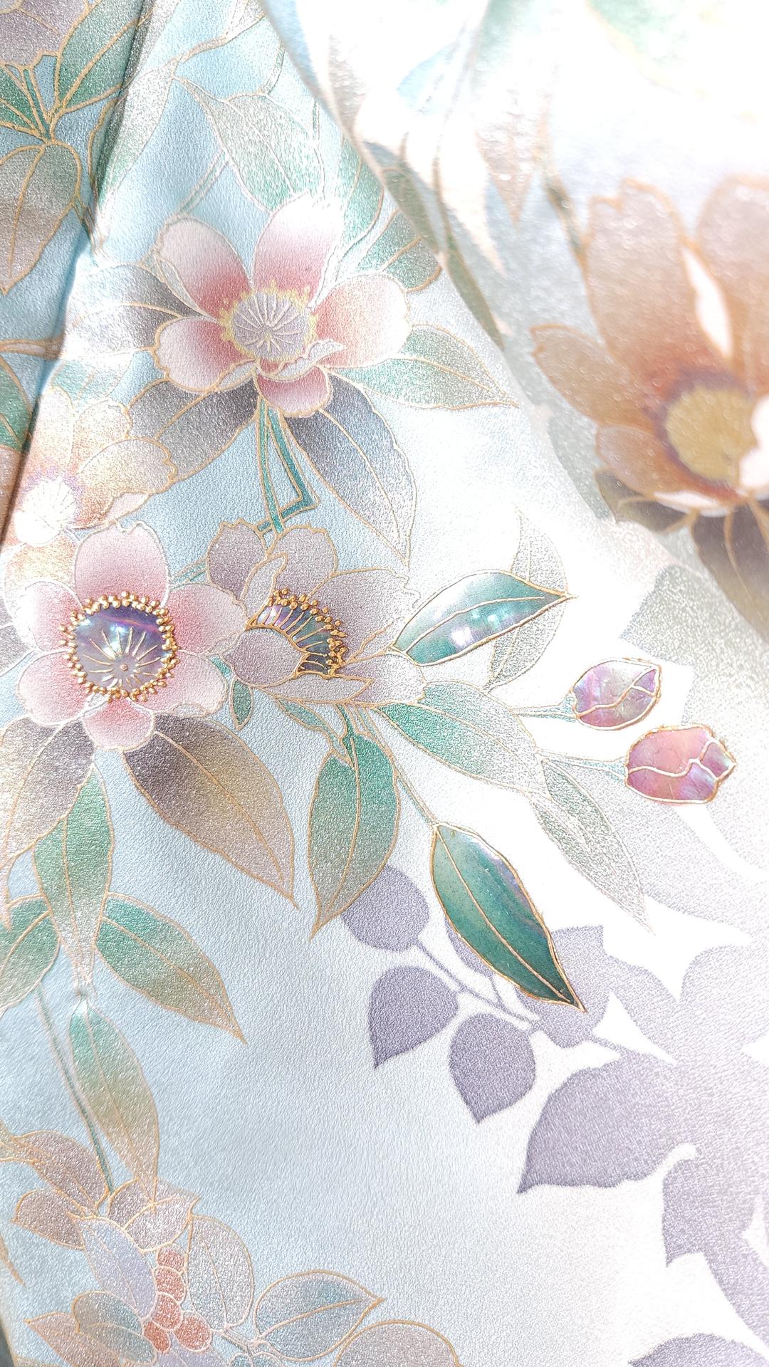 Light blue houmongi with pearlescent flowers
