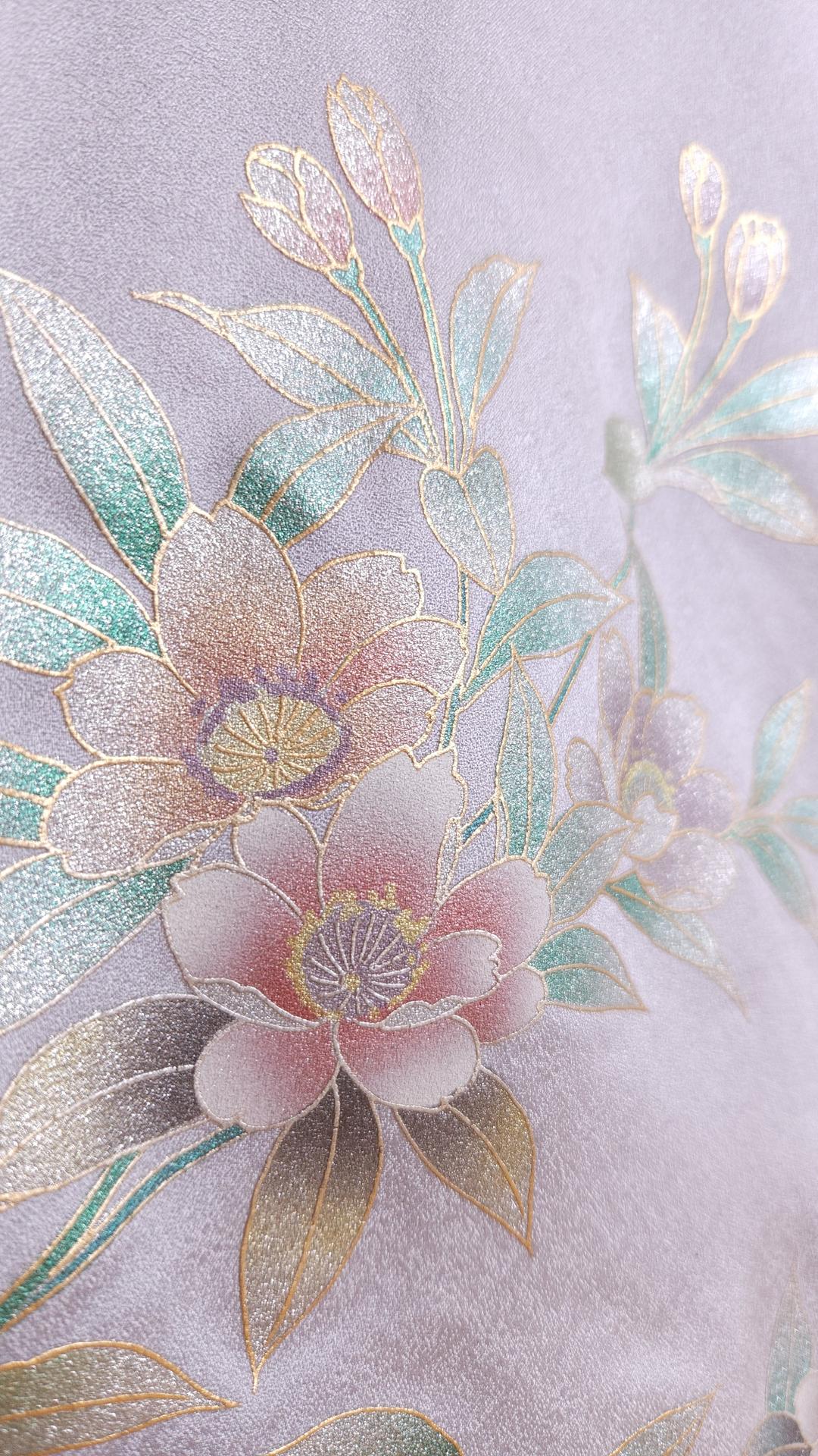 Light blue houmongi with pearlescent flowers
