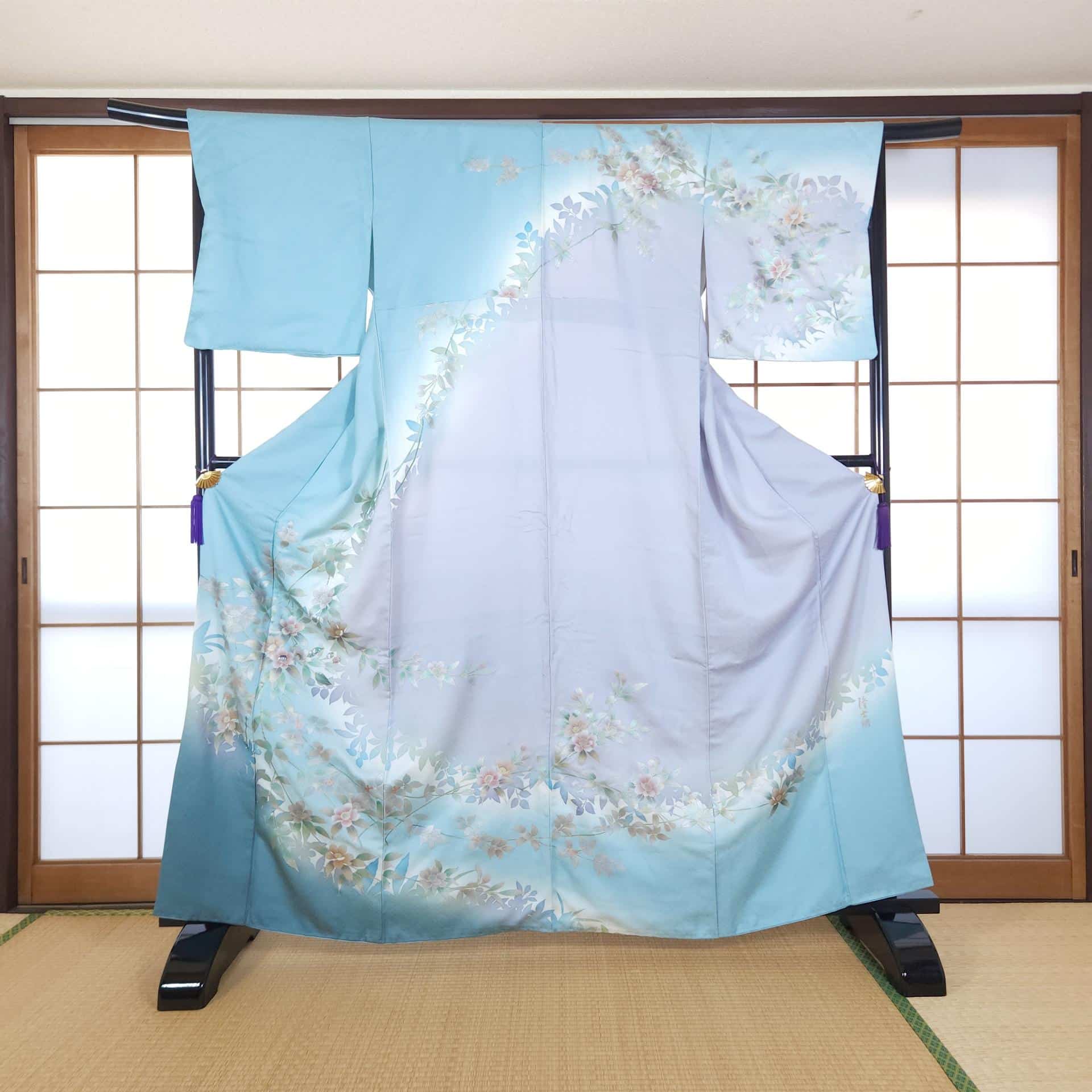 Light blue houmongi with pearlescent flowers