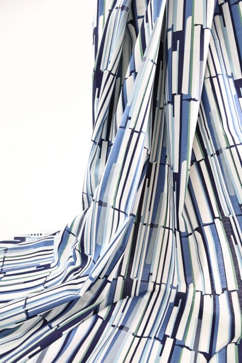 Organic lawn cotton with graphic blue patterns