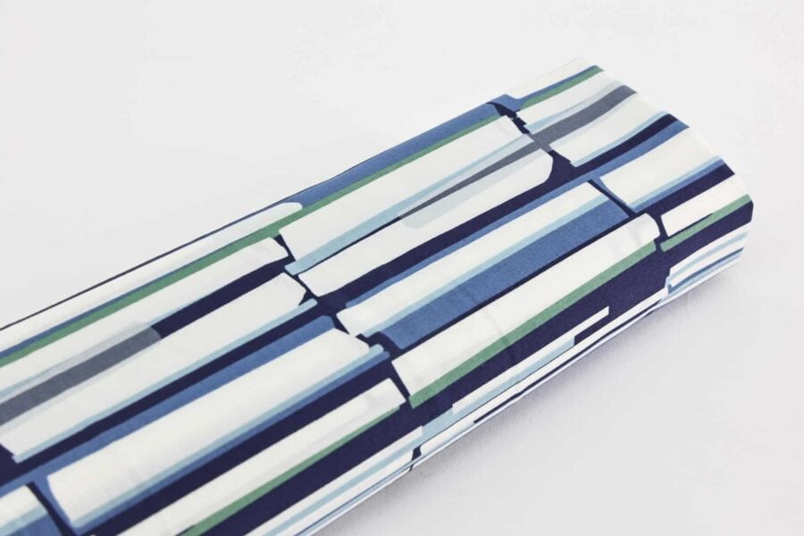 Organic lawn cotton with graphic blue patterns