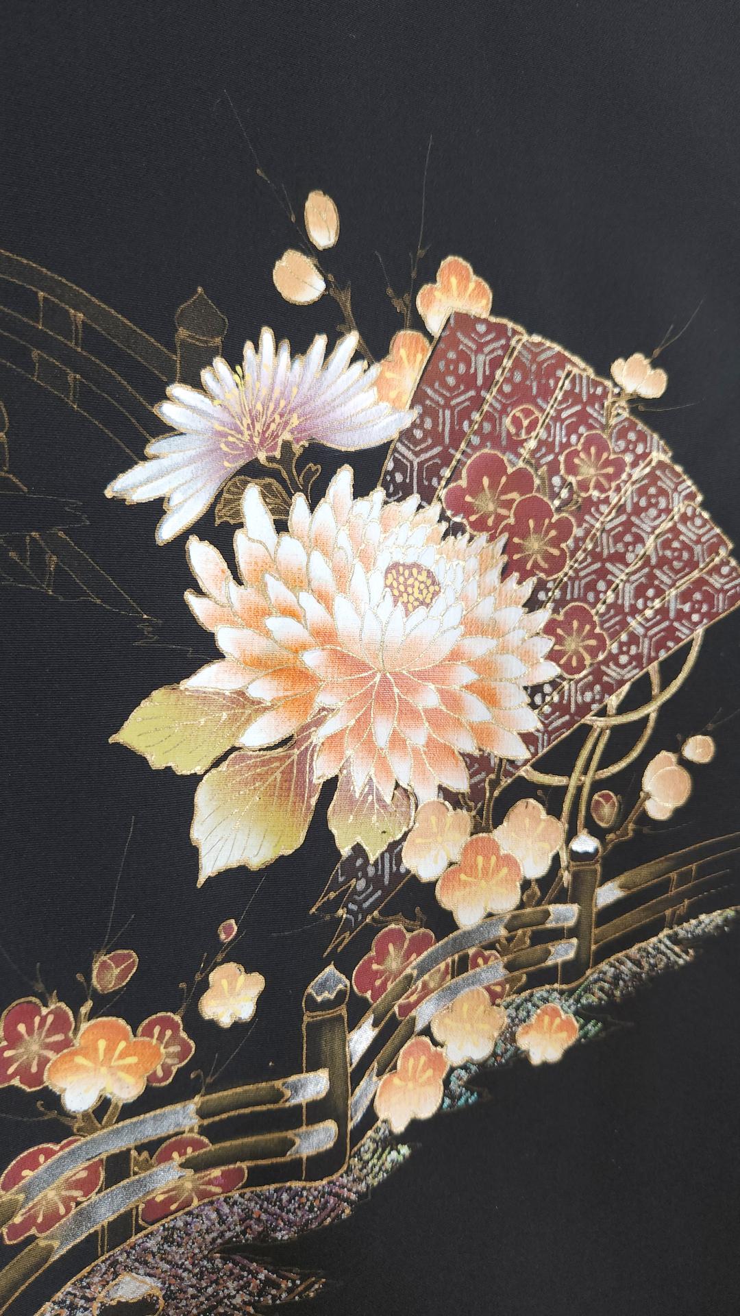 Black Haori with golden chrysanthemums and fans