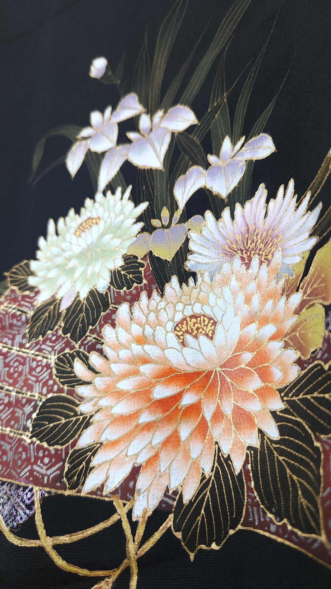 Black Haori with golden chrysanthemums and fans