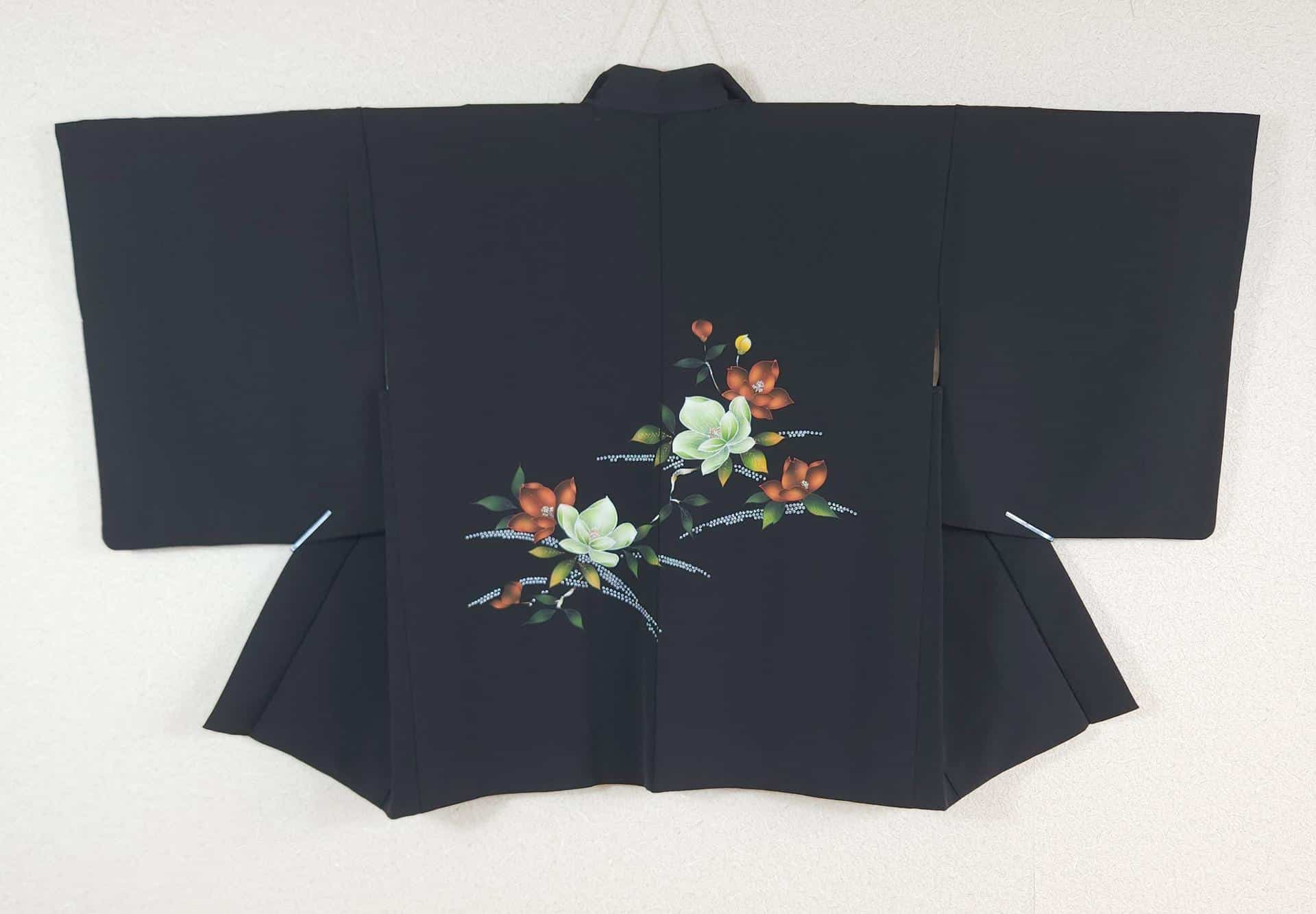 Black Haori with hand-painted flowers