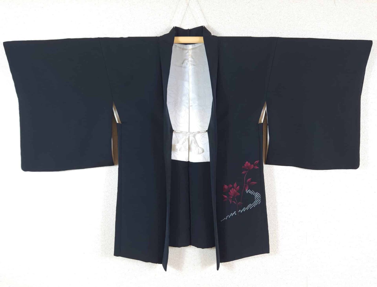 Black Haori with raspberry red embroidered flowers