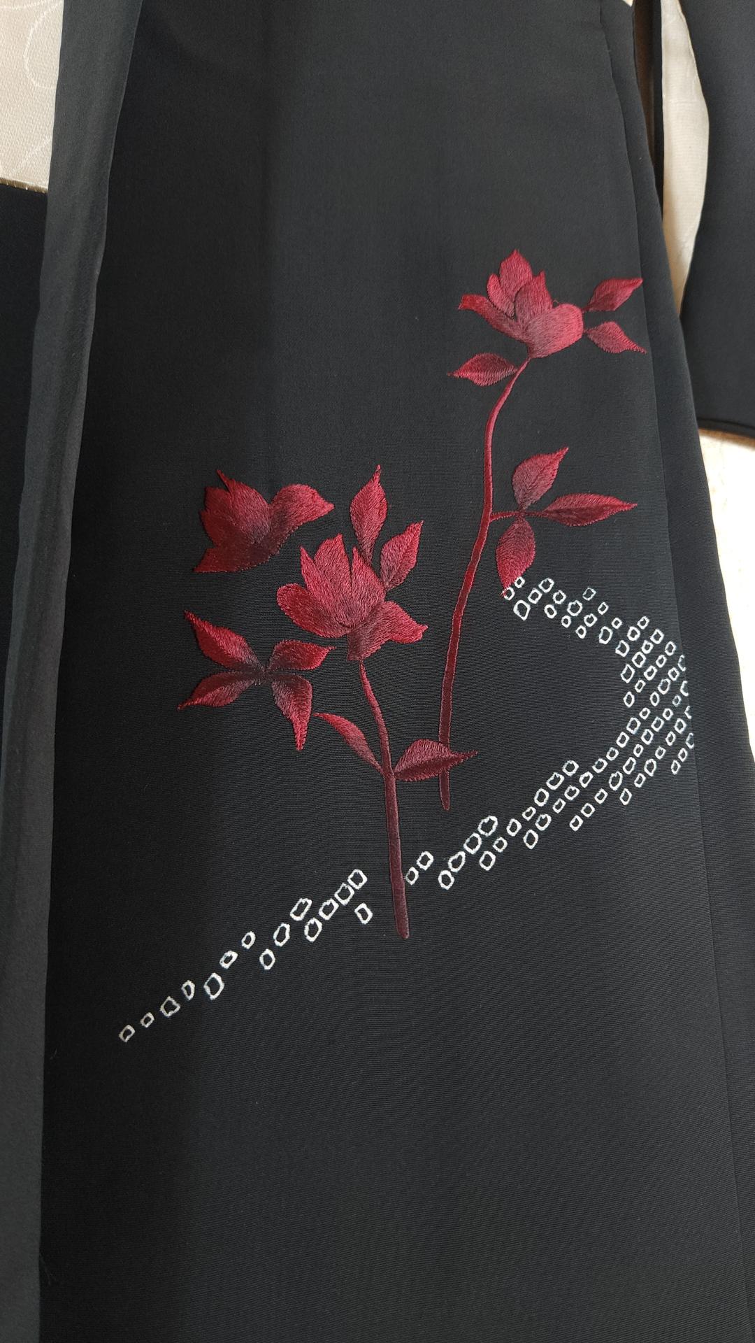 Black Haori with raspberry red embroidered flowers