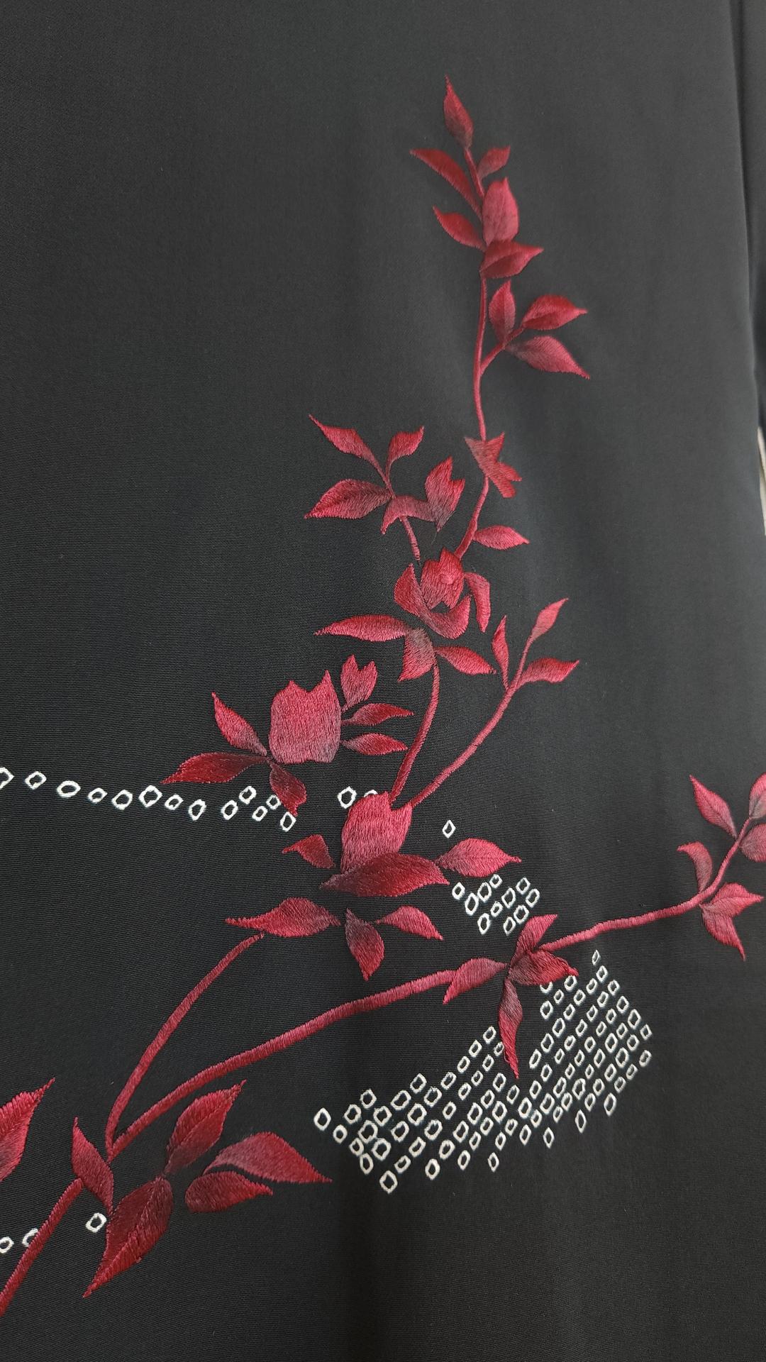 Black Haori with raspberry red embroidered flowers