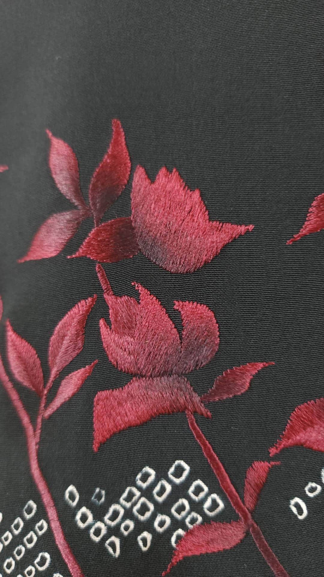 Black Haori with raspberry red embroidered flowers