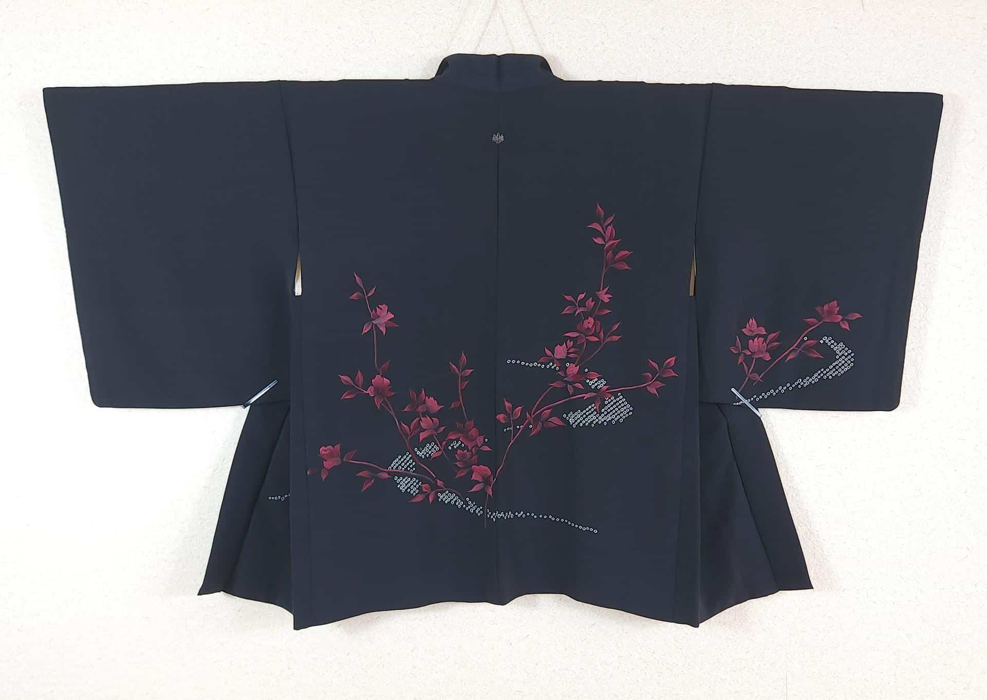 Black Haori with raspberry red embroidered flowers