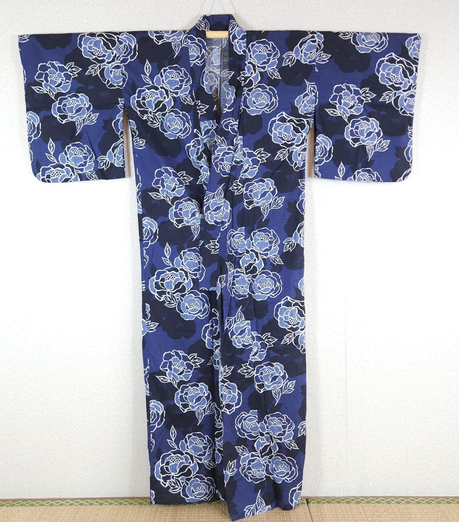 Blue cotton Yukata with white floral pattern