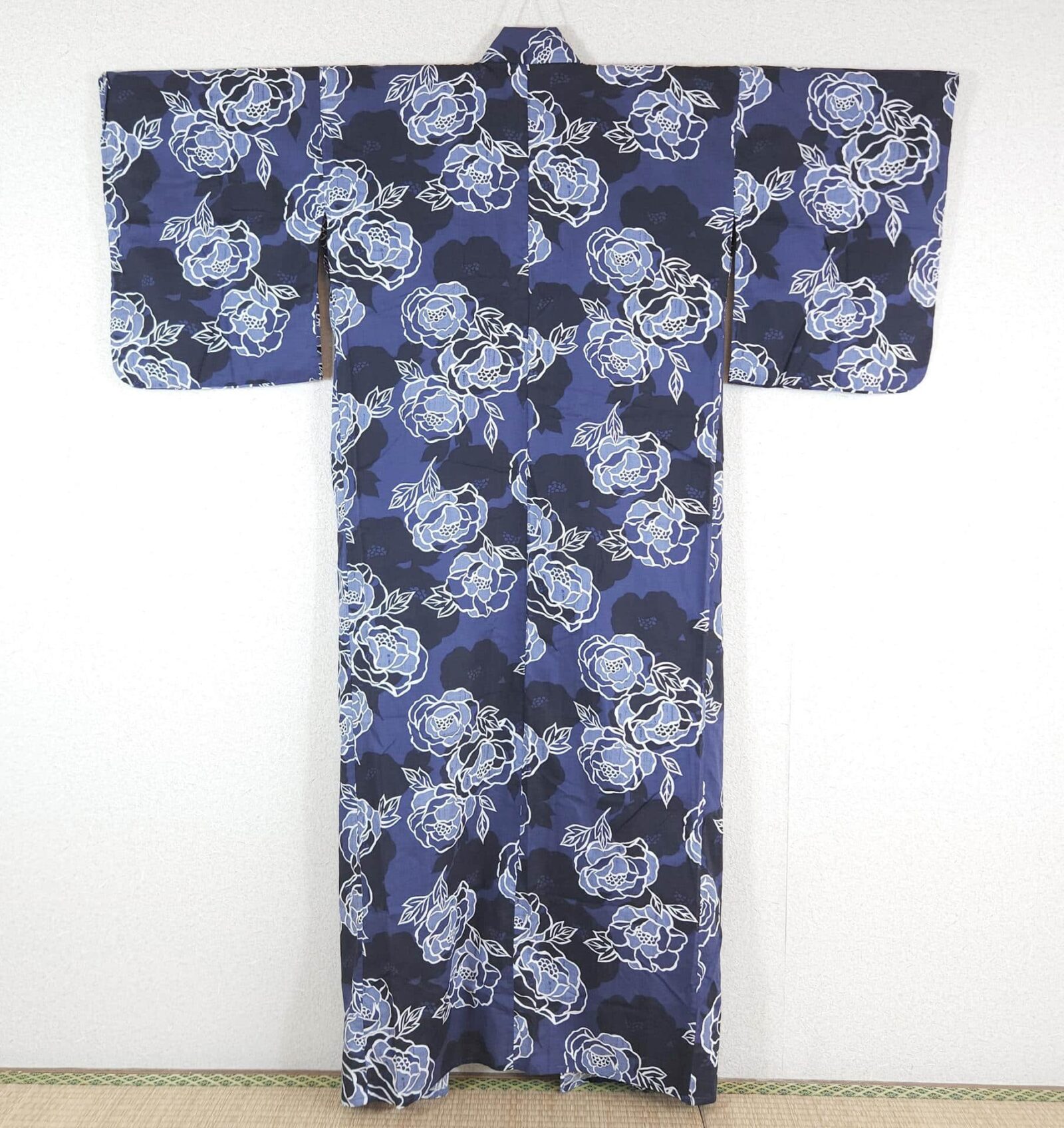 Blue cotton Yukata with white floral pattern