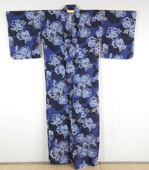Blue cotton Yukata with white floral pattern