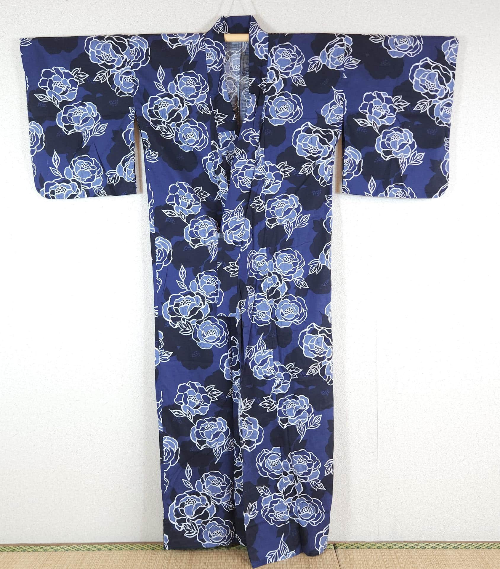 Blue cotton Yukata with white floral pattern