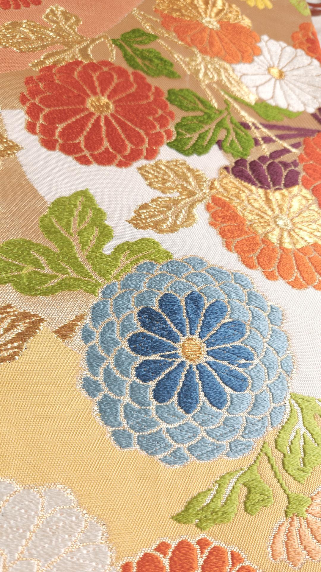 Fukuro Obi with colorful chrysanthemums