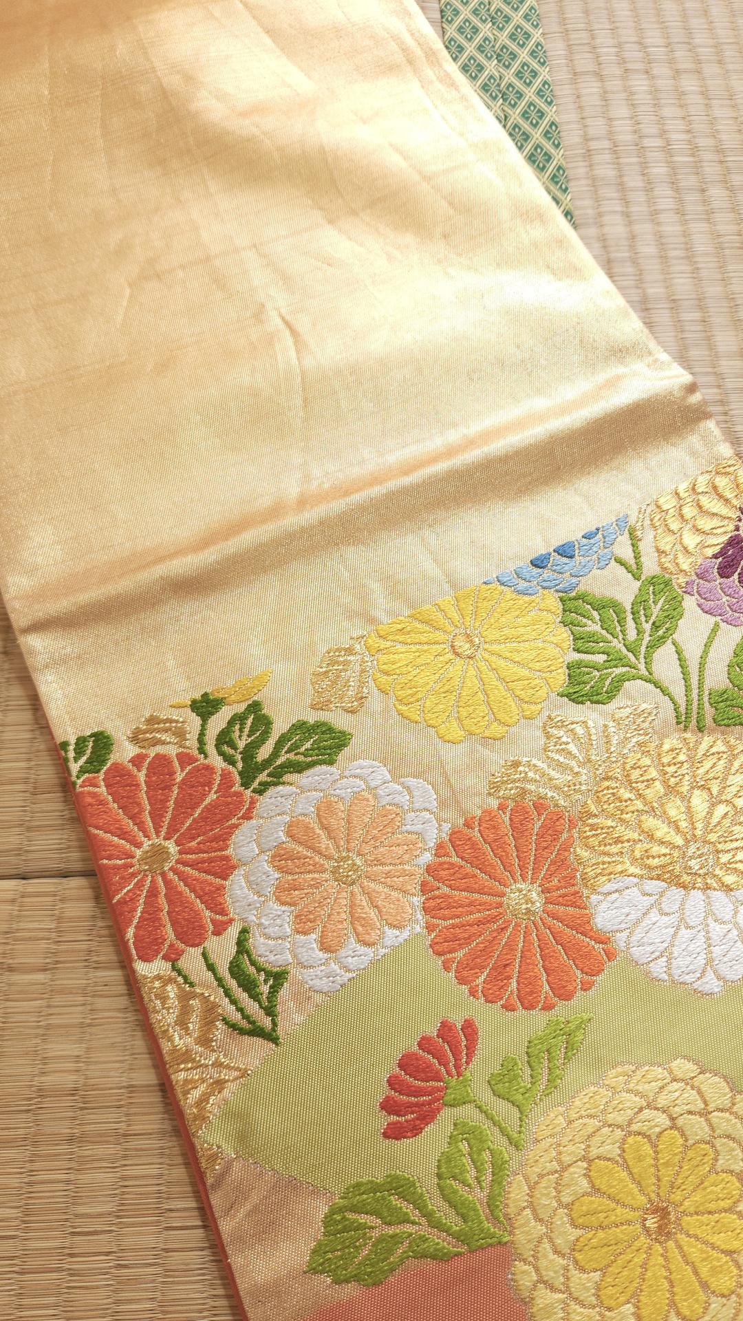 Fukuro Obi with colorful chrysanthemums