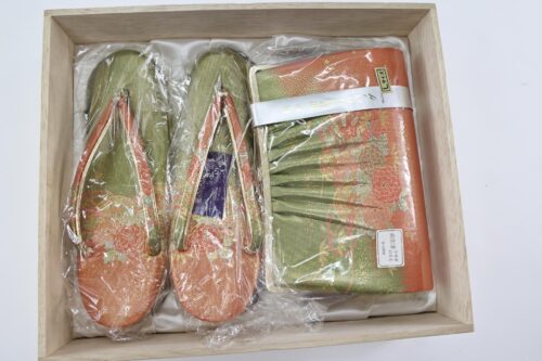 Green and orange Zori and clutch with box