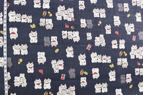 Japanese Maneki Neko dobby cotton fabric – blue background