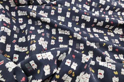 Japanese Maneki Neko dobby cotton fabric – blue background